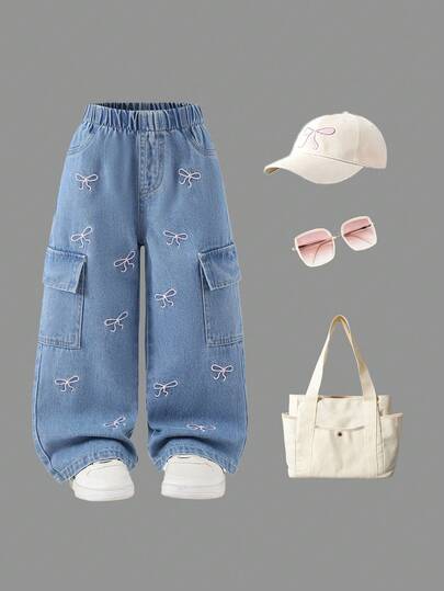 1pc Girls' Casual Chic Cargo Pants With Bow Embroidery, Blue Washed Wide Leg Straight Jeans