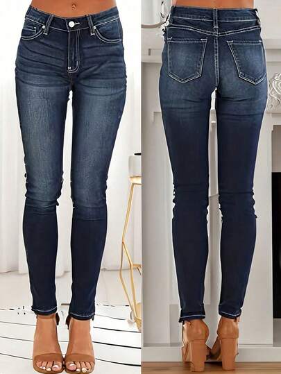 ARWY Women's Mid-Waist Contrast Stitching Skinny Jeans, Casual Dark Wash Denim Pants, Long Slim Fit Jeans With Button, Zipper And Pockets, Medium Stretch Fabric, Autumn/Winter