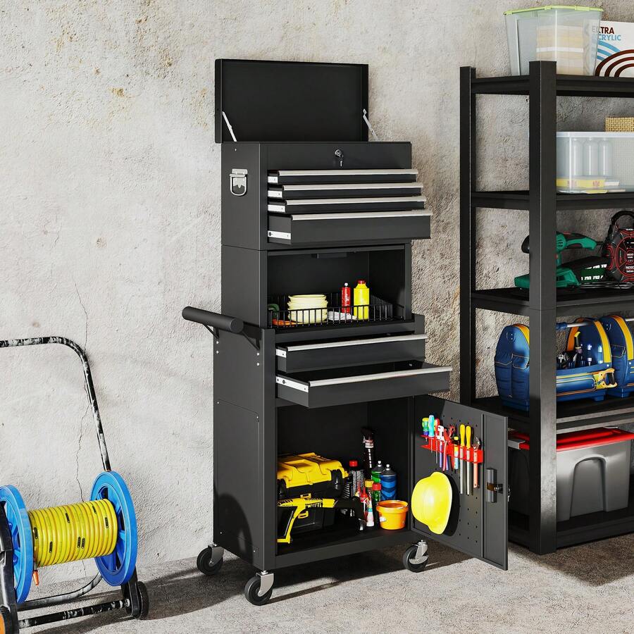 HOMCOM Lockable Tool Cabinet, 3-In-1 Rolling Tool Chest Combo With 6 Drawers And Pegboard, Detachable Steel Tool Storage Cabinet For Garage And Workshop - Black - View 1