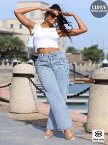 Plus Size Women's Rhinestone-Embellished Loose-Fit Jeans - Light Wash - View 4