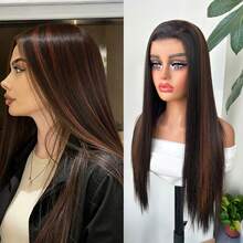Halloween Christmas 13*4 Lace Front Wigs Straight Wigs With High Quality Synthetic Hair 28inch Highlight Wigs And Good Texture - 挑染棕色 - 查看 1