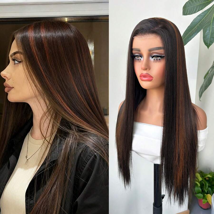 Halloween Christmas 13*4 Lace Front Wigs Straight Wigs With High Quality Synthetic Hair 28inch Highlight Wigs And Good Texture - 挑染棕色 - 查看 1