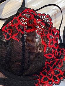 1 Conjunto de 2 piezas de lencería sexy de encaje floral negro y rojo para mujer, sujetador de malla semi transparente y ropa interior triangular, estilo gótico negro y rojo para uso diario en el hogar