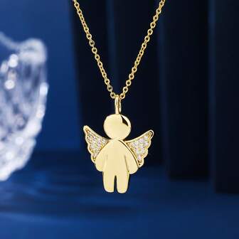 1件18K镀金铜质可爱素面天使项链，饰有闪亮白色立方氧化锆翅膀，女士时尚项链，礼物，日常佩戴，节日派对