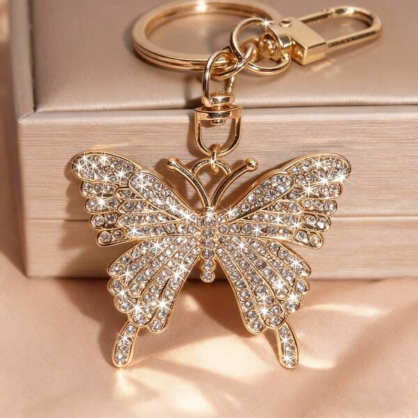 Künstlicher Kristall Diamant Schmetterling Auto Schlüsselanhänger, Metall, süß, Damen Tasche, Schlüsselanhänger, kreatives Geschenk, goldener Schmetterling Schlüsselanhänger, dekorativer Schlüsselanhänger, geeignet für Hochzeit, Braut oder Geburtstagsparty Geschenke, Auto Schlüsselanhänger, Tasche Schlüsselanhänger, Valentinstag Geschenke, Weihnachten Geschenke, Erntedankfest