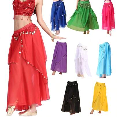 Women's Belly Dancing Skirt With Coins Long Layered Fringe Hip Scarf Performance Costume For Stage Show Practice Party
