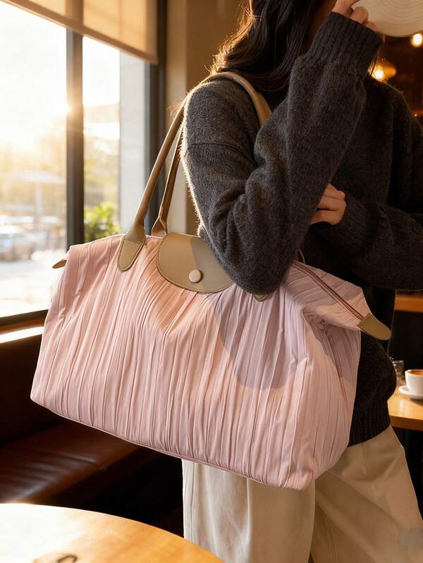 1pc Fashionable Casual Pleated Travel Bag, Lightweight And Portable, Foldable With Large Capacity. Can Be Worn As Shoulder Bag Or Crossbody, Also Compatible With Portable Handheld Suitcase. Specially Suitable For Business Trip, Vacation, Sports And Fitness Luggage.