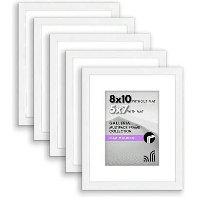 8x10 Picture Frame With Polished - Set Of 5 - Use As 5x7 Frame With Or Display 8x10 Photo Without - Galleria - Picture Frames Tabletop And Wall - White