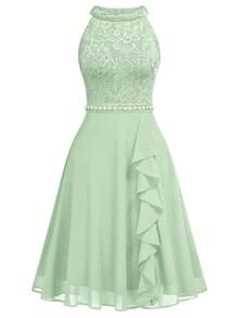 MIUSOL Floral Lace Halter Neck Ruffle Trim Chiffon Prom Party Swing Dress Elegant Semi Formal Wedding Guest Dress, For Birthday, Graduation, Homecoming - Màu xanh Bạc hà - Xem 7