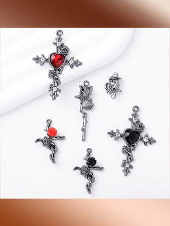 5件套可爱玫瑰花枝合金材质吊坠，DIY手工钥匙扣、耳环、装饰配件，适合女性日常穿搭和包包搭配