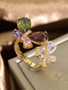 1 pieza Anillo de mariposa chapado en oro con circonita, de estilo minimalista y elegante, adecuado para que las mujeres lo usen a diario, en festividades importantes, bodas, fiestas y como regalo para seres queridos