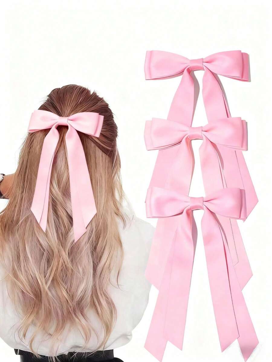 3个装缎面蝴蝶结发夹，纯色蝴蝶结发夹，咖啡色蝴蝶结可爱发圈，马尾辫发圈，金属发夹，女士及女孩发饰，头部饰品，发卡 - 粉色 - 查看 1