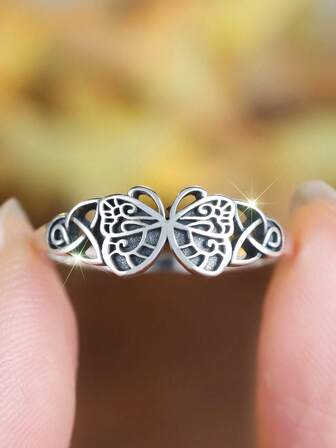 1pc S925 Sterling Silver Butterfly Ring, Vintage Minimalist Design, Luxury Jewelry Gift Suitable For Daily Wear And Parties