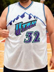 32# Plus Size Men's White Basketball Jersey, Snow Mountain Print + UTAH Embroidered Loose Fit V-Neck Sleeveless Top, Suitable For Basketball, Sports, Running, Workout, Gifts For Men Summer - White - View 1