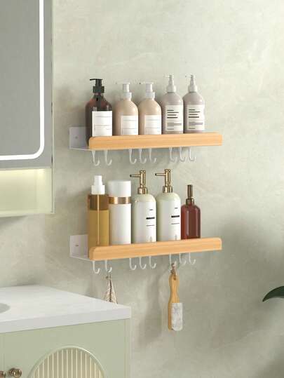1 pieza Estantería de baño con ganchos montada en la pared, organizador de pared de baño con estante, bandeja de decoración de pared de baño, estantería de almacenamiento de cosméticos, soporte para champú y gel de baño, accesorios de baño, almacenamiento de baño