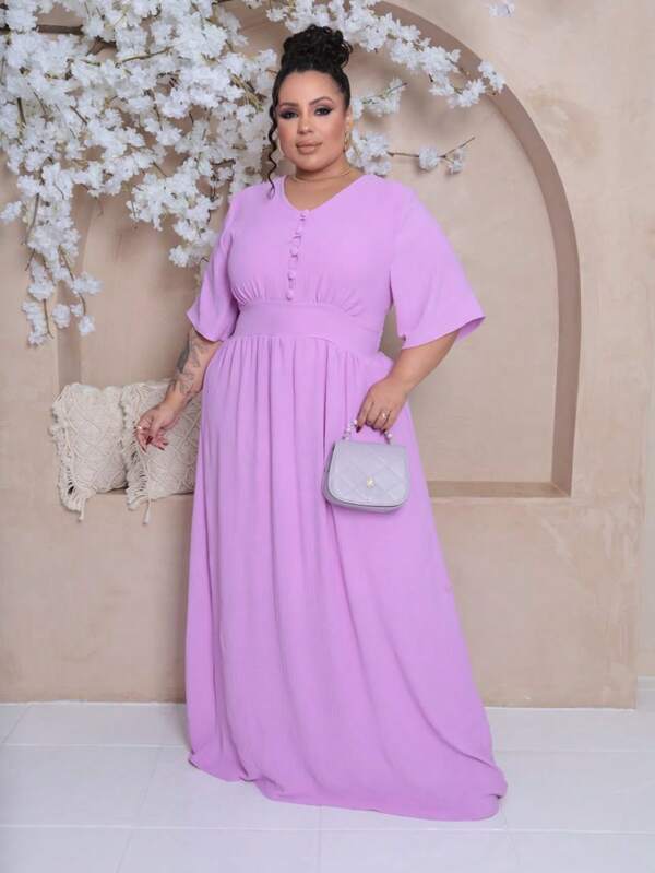 vestido longo feminino plus size com botao forrado em duna com cinto  Simples    Casual  elegante  Conservador / modesto    Botões na frente  Com cinto  Botão    Casamento  Formal e Noturno