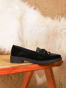 Zapatos planos para mujer con moño, estilo universitario, elegante, de moda, versátil, casual, bohemio, suela gruesa, punta puntiaguda, tacón de bloque, adecuado para oficina, fiesta, vacaciones, interior y exterior, todo el año, mocasines - Negro - Ver 7