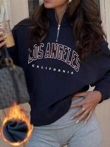 Women's Autumn/Winter New Simple INS Striking Color Letter Print Casual Half-Turtleneck Zipper Long Sleeve Fashionable Versatile Sweatshirt