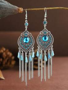 Vintage Fully Rhinestoned Round Resin Crystal Chain Tassel Long Earrings For Women