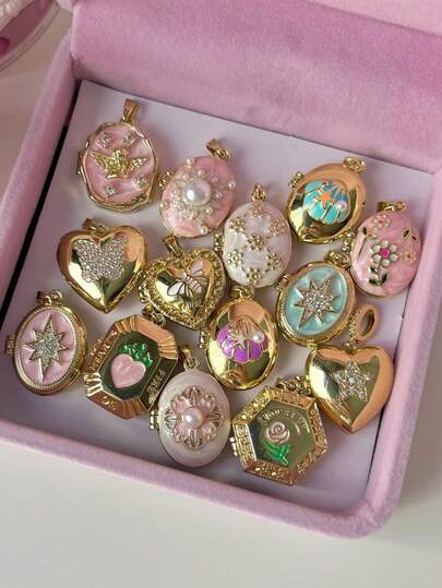 Retro Romantic Gold-Color Asymmetric Photo Box Necklace Colorful Oil-Dipped Heart Shell Necklace Daily Elegant Layered Jewelry For Women, Picture Locket Photo Necklace (No Box)