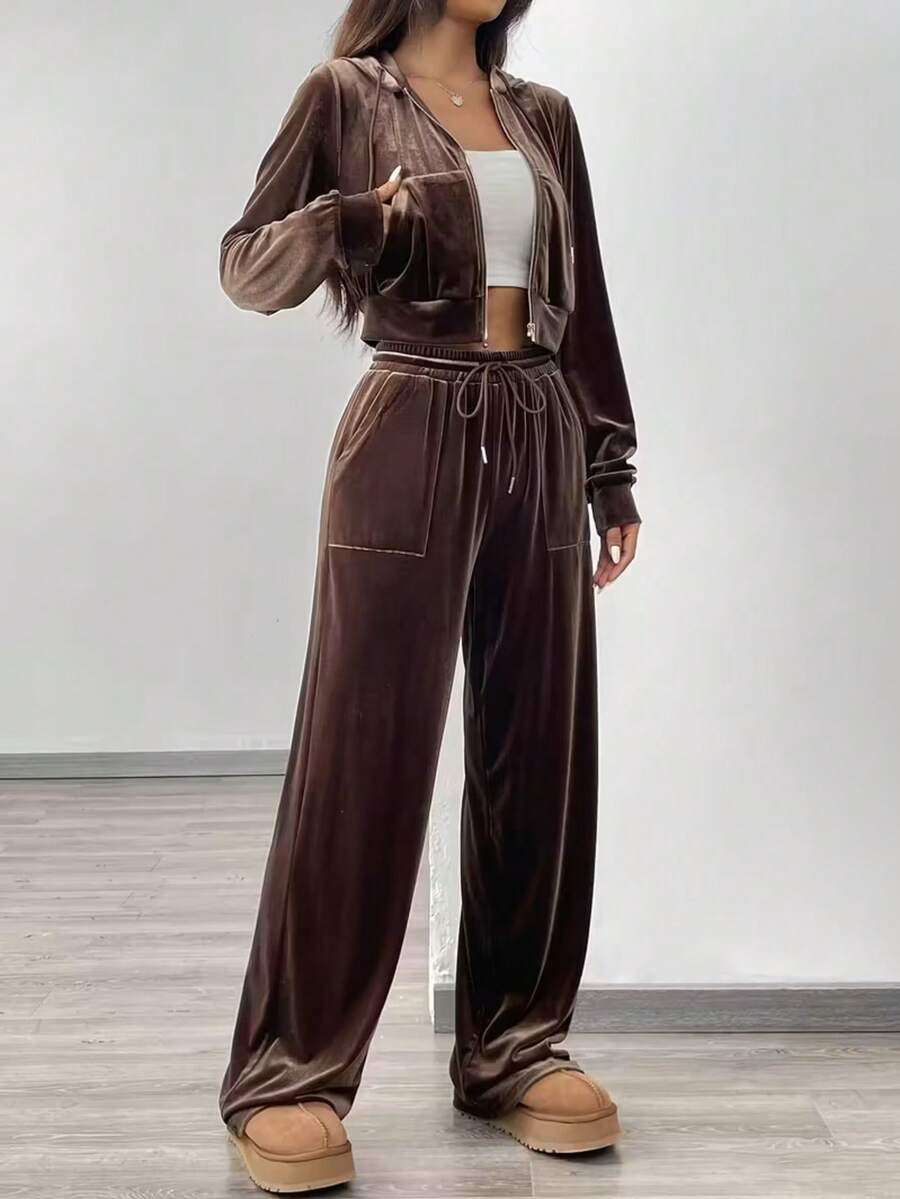 brightphoto 2 件套女士舒适休闲连帽羊毛运动衫和裤子套装,棕色,适合日常穿着和居家穿着 - 棕色 - 查看 1