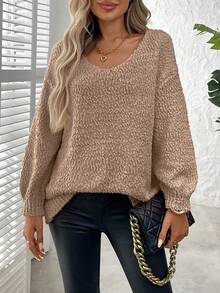 Plus Size Solid Color Crew Neck Casual Long Sleeve Knit Sweater - Khaki - View 5