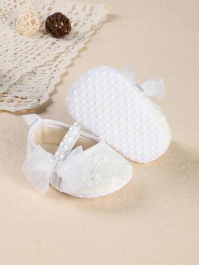 0-3-5 Months Newborn Infant Girls Solid Color Bow Cute Princess Shoes, Suitable For Indoor And Outdoor Wear, Spring/Autumn