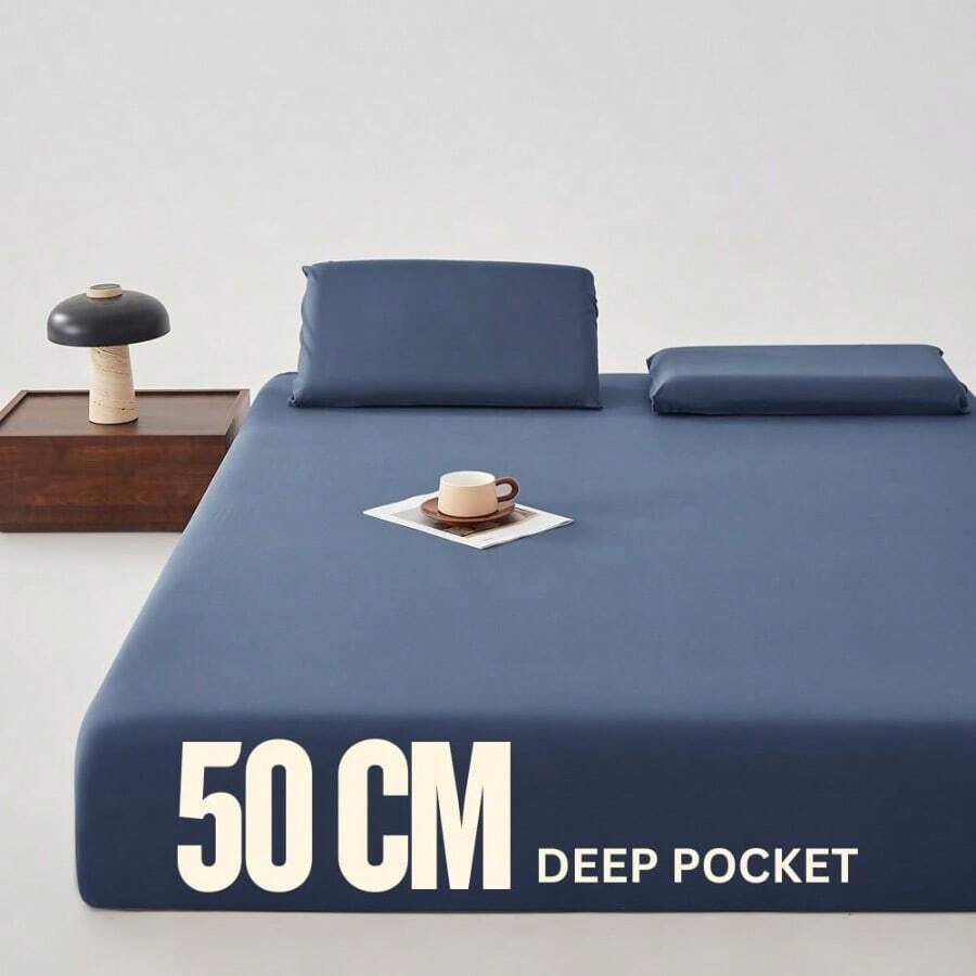 Premium Fitted Bedsheet Set 3Piece Includes 2 Standard Pillowcases Extra Deep (50CM) Extra Soft WrinkleResistant 2000TC Microfibre (Navy Blue Queen) - Navy Blue - View 1