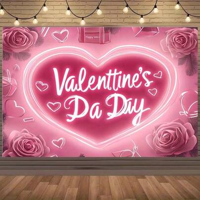 2D Flat Banner 1pc Valentine's Day Backdrop Featuring Hearts, Roses, Gift Boxes, Pink Neon Hearts, And Love-Themed Elements - Perfect For Prop Party Decorations | Banners Ideal For Birthday Parties, Outdoor Celebrations, And Holiday Events