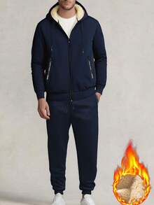 2pcs Men's Thermal Lined Hooded Jacket & Pants Set, Warm Sportswear For Vacation, Outdoor, Hiking, Cycling, Fitness, Running