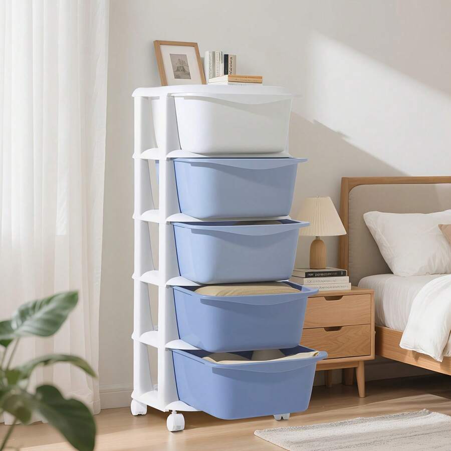Senmeo 36cm Space-Saving PP Storage Rack - 5-Tier With Drawers, DIY Assembly (Gradient Pink) | Holiday Dorm/Student Bedroom Organizer - Blue - View 1