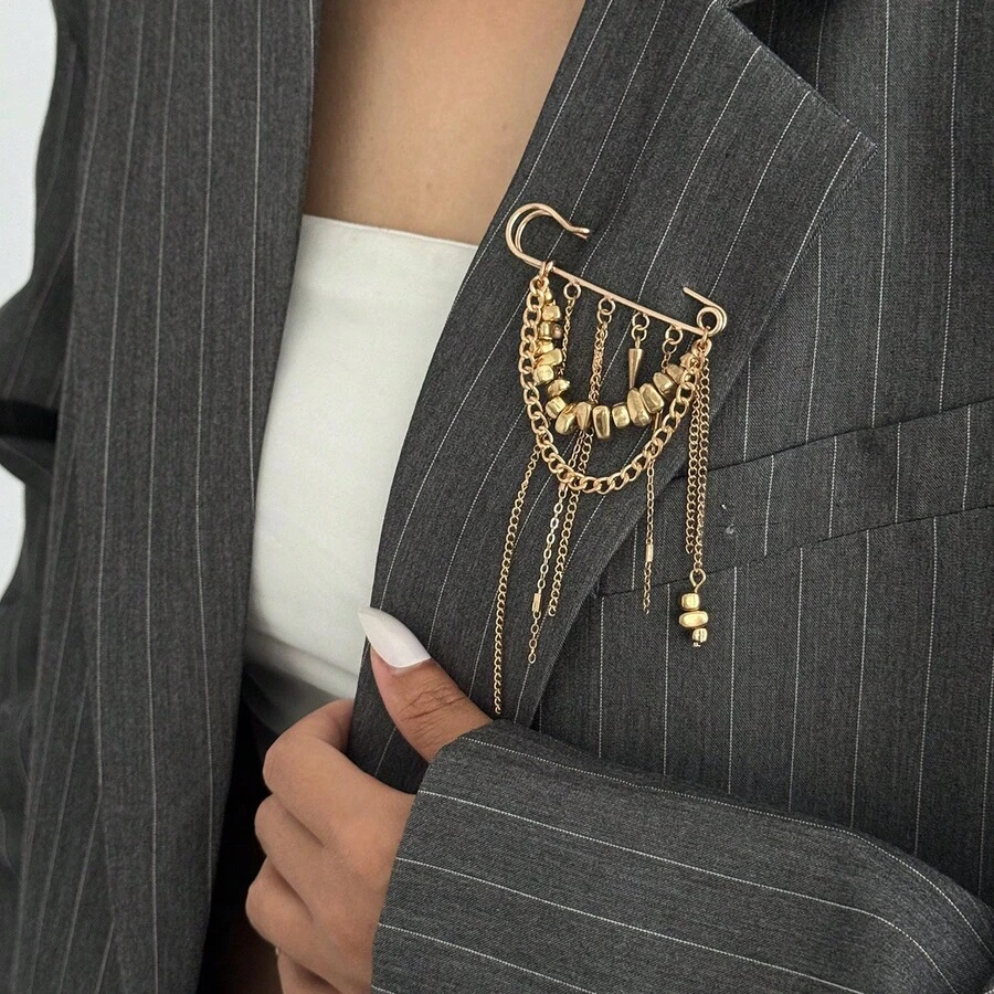 Vintage Metal Tassel Brooch Chain Irregular Stone Pendant Decorative Pin Niche Design Sense Light Luxury Multifunctional Accessory - 銀色 - 查看 1