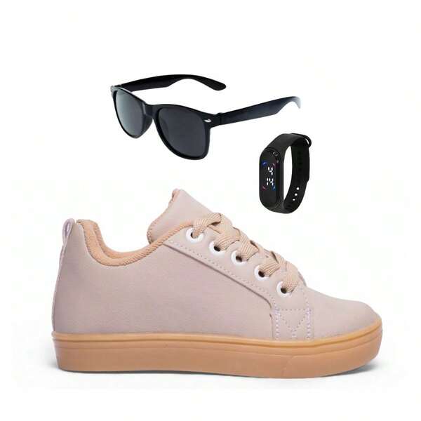 Tênis Infantil Masculino Casual Colegial Leve Confortável Meninos Cadarço + Óculos Relógio