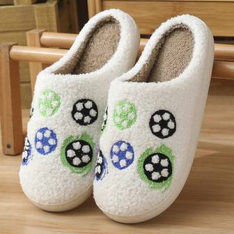 1 Pair World Cup Cartoon Football Warm Indoor Thermal Slippers, Outdoor Party Fluffy Long Fur Slippers