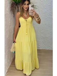 Women's Long Dress, Flowing Style, Thin Straps, V-Neck With Front Tie, Elastic Back - Fits Sizes 36 To 42. - 黃色 - 查看 1