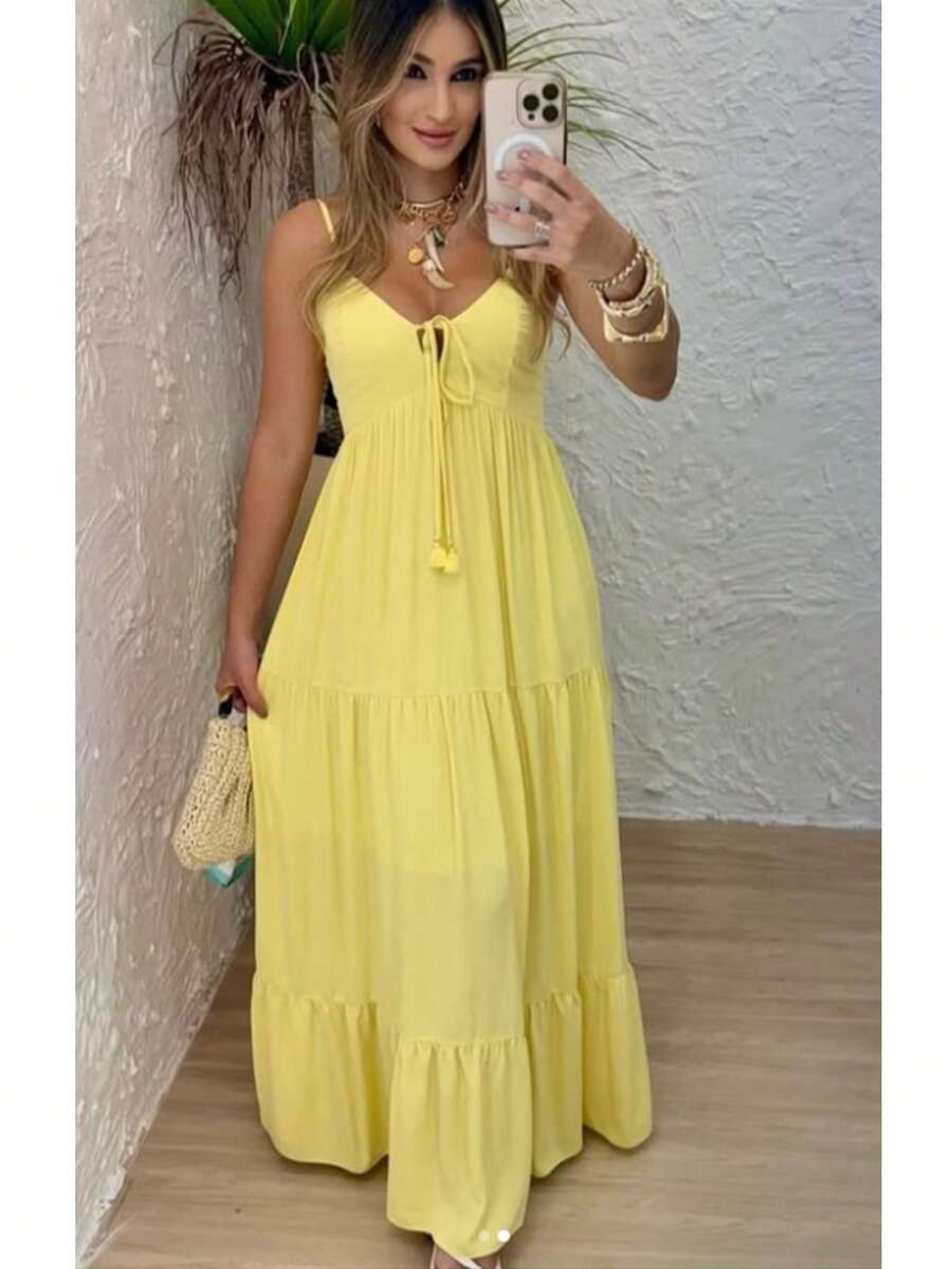 Women's Long Dress, Flowing Style, Thin Straps, V-Neck With Front Tie, Elastic Back - Fits Sizes 36 To 42. - 黃色 - 查看 1