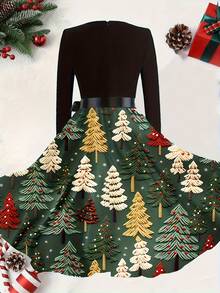 Váy xòe tay dài cổ tròn cạp cao in họa tiết cây thông Noel cổ điển kèm ruy băng - màu xanh lá - Xem 2