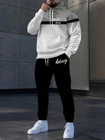 男士“King”字母格子印花连帽衫和裤子休闲套装（2件套），适合春秋季穿着