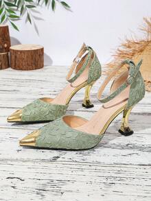 Scarpe con tacco a spillo a punta francese, sandali alla moda da celebrità con cinturini e design traforato, adatti per outfit di San Patrizio, primavera ed estate - verde chiaro - Visualizzare 7