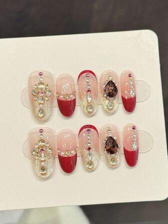 10 片奢华手工按压式美甲，中号杏仁形假指甲，闪亮真我，附赠 3 片工具粘合剂指甲胶贴，适合女孩和女士参加派对。