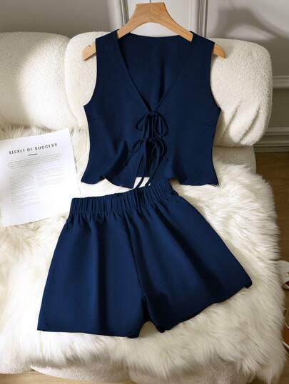 2pcs/Set Solid Color Casual Knotted Women Outfit, Spring/Summer