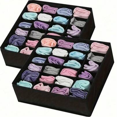 2 Grey Fabric Storage Boxes With 24 Compartments, Foldable And Stackable Sock, Tie And Underwear Storage Boxes - Space-Saving Drawer Partition Boards, Suitable For Home Organization, Wardrobe Organization And Storage
