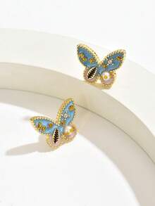 1 par de pendientes de mujer con forma de mariposa con perlas cultivadas/rhinestones de estilo vintage, adecuados para vacaciones y uso diario - Multicolor - Ver 8