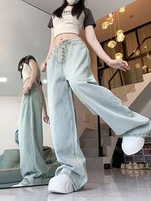 Quần jean ống rộng buộc dây thời trang dành cho nữ, quần ống đứng dáng rộng dài đến mắt cá chân - Màu xanh lam - Xem 8