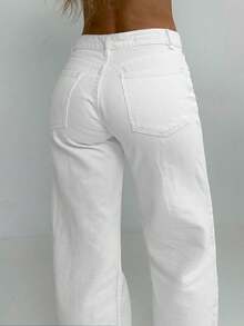 大码宽松阔腿直筒女式牛仔裤 - 白色 - 查看 2
