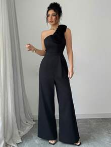 Women's One-Shoulder Jumpsuit With A 3D Rose Print, A Retro And Elegant Wide-Leg Style, Ideal For Banquets, Parties, And Other Occasions. - màu đen - Xem 15