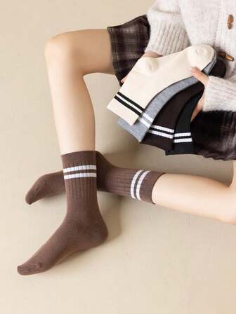5 par enfärgade och randiga sportstrumpor för kvinnor, bekväma, mjuka och mångsidiga, unisex-strumpor till mitten av vaden, lämpliga för höst-/vinterbruk