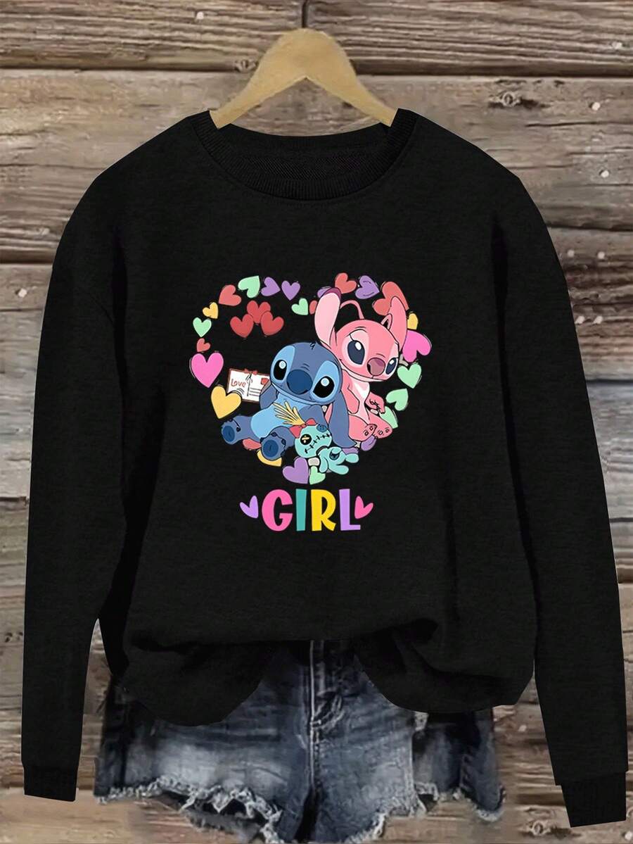 Stitch & Lilo Women'S Sweatshirt - Cozy Pink & Blue Heart Design, Casual Crew Neck Pullover With "" Graphic, Perfect For Fall/Winter, Cute Sweatshirts - 黑色 - 查看 1