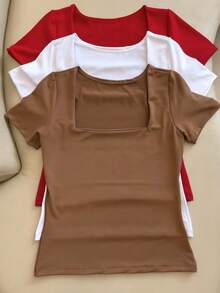 Set Of 3 Basic Blouses In Spandex With Square Neckline And Short Sleeves (Lined) - Brown/White/Red - View 1