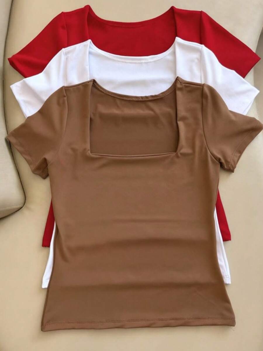 Set Of 3 Basic Blouses In Spandex With Square Neckline And Short Sleeves (Lined) - Brown/White/Red - View 1